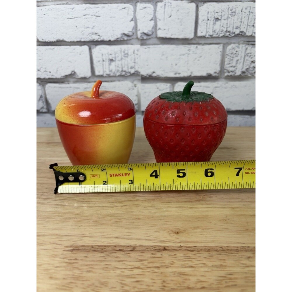 Hazel Atlas Jelly Jar Apple Strawberry Milk Glass Pair Lidded Jam Jar Vintage - Picture 13 of 15